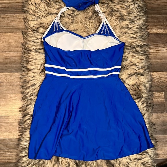 Blue and white halter top bathing suit. - Picture 2 of 3